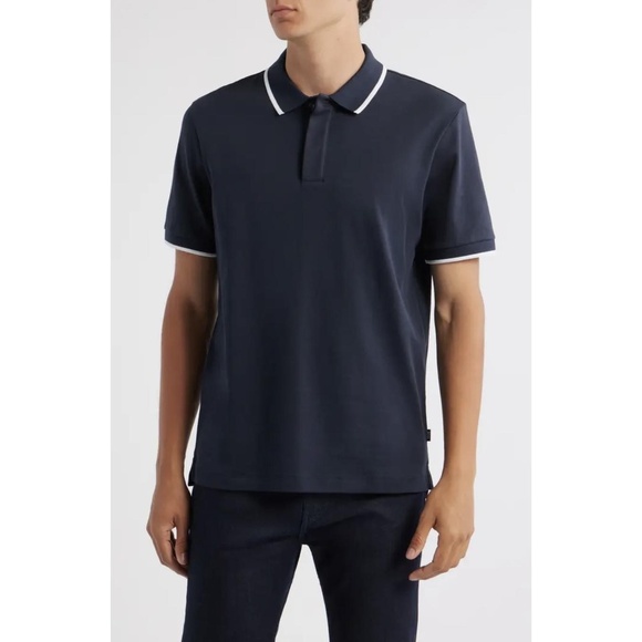 BOSS Hugo Boss Men’s Parlay Tipped Cotton Polo Shirt in Dark Blue-Size Large - Picture 1 of 11